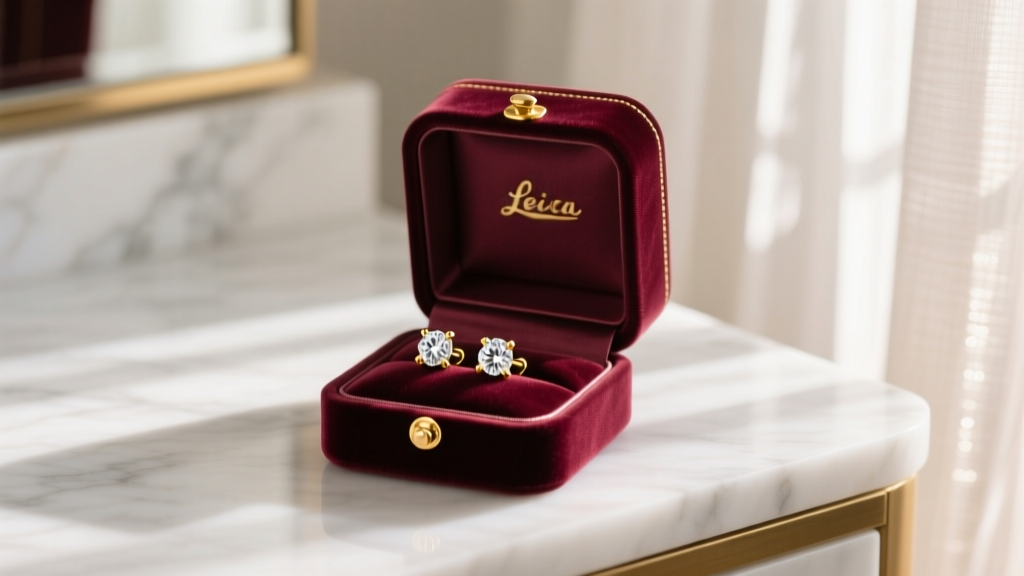 Elegant velvet jewelry box open on a marble vanity, revealing 18k yellow gold diamond stud earrings catching soft morning sunlight.