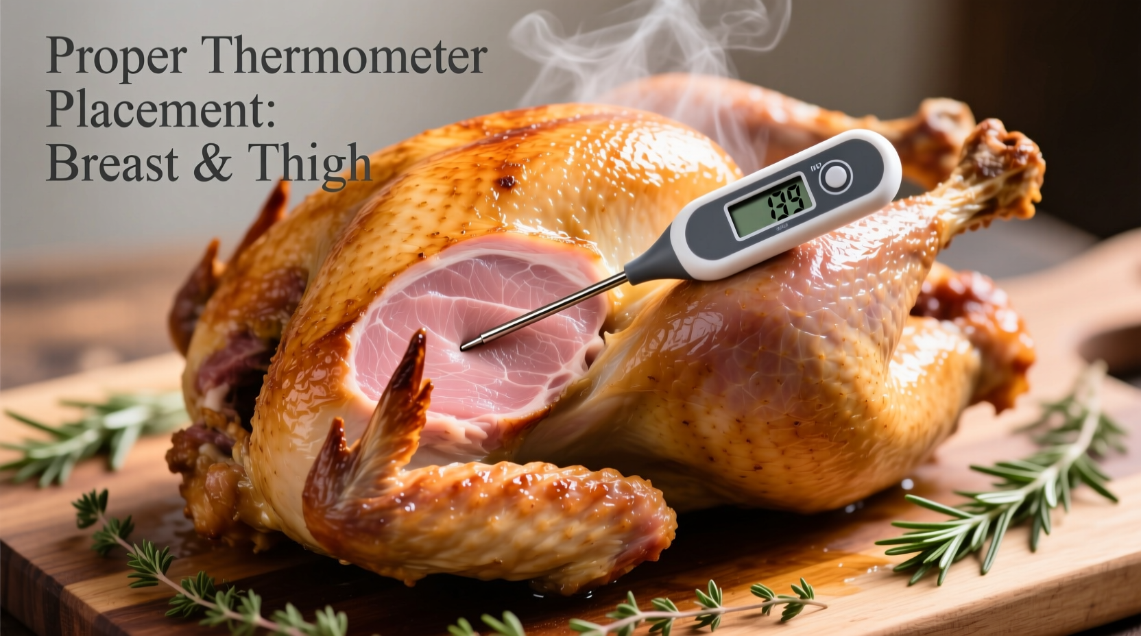 Proper thermometer placement in turkey breast and thigh