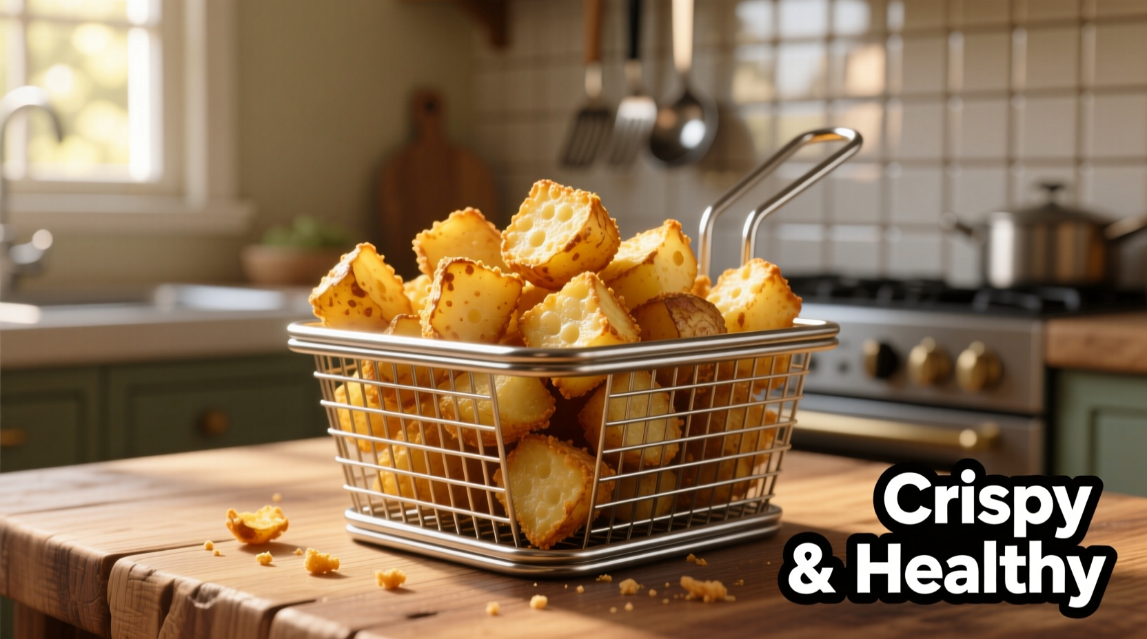 Golden air fried potato cubes in basket