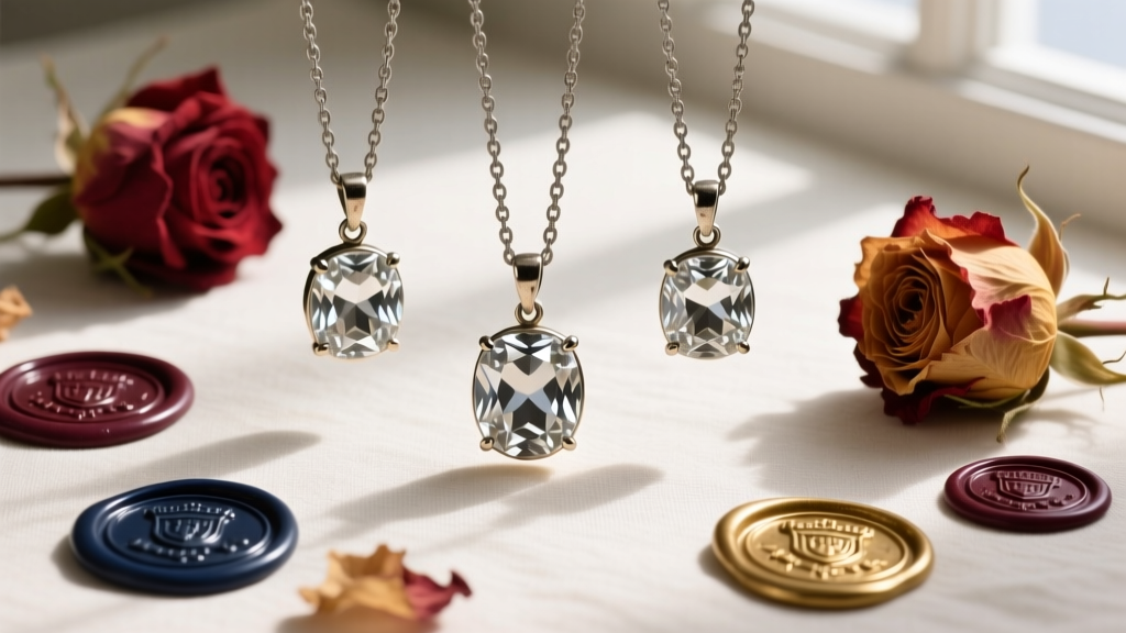 Flat lay of three antique rose-cut diamond pendants on tarnished silver chains, surrounded by vintage wax seals and dried roses.