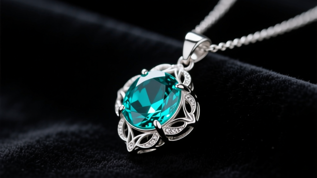 Close-up of a sterling silver mood necklace pendant glowing vibrant teal, resting on dark velvet under soft studio lighting.