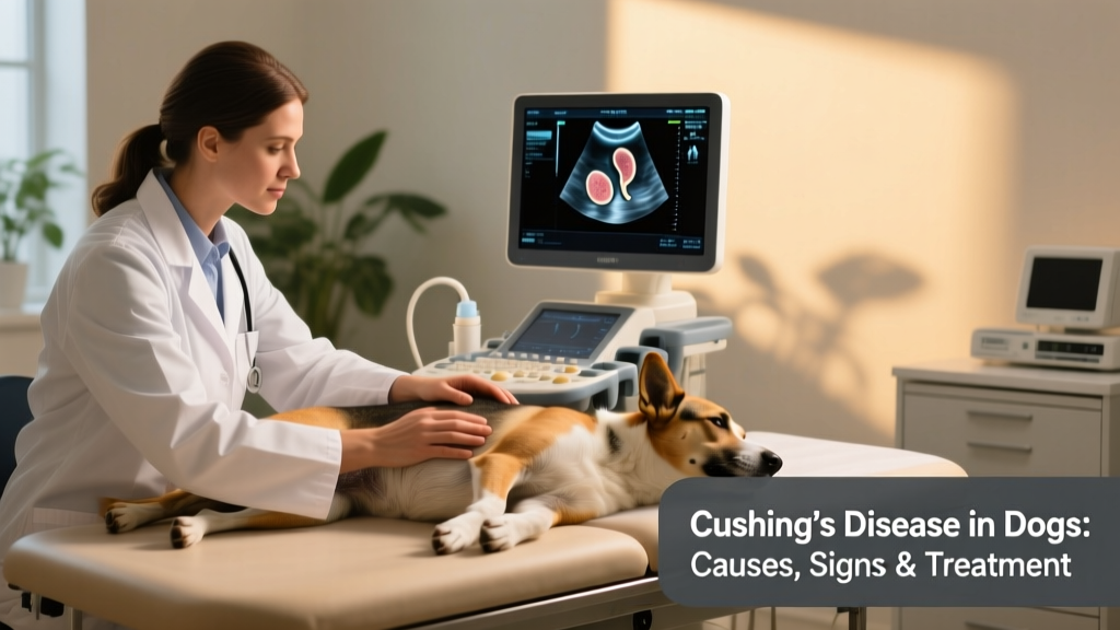 Veterinarian performing an abdominal ultrasound on a dog to evaluate adrenal gland size and structure