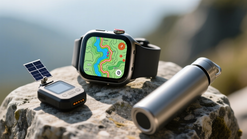 Close-up of a rugged smartwatch displaying topographic trail maps next to a satellite communicator and water purifier on a granite boulder