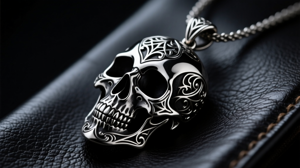 Macro shot of an AI-generated gothic skull pendant in blackened sterling silver resting on dark leather with moody studio lighting.