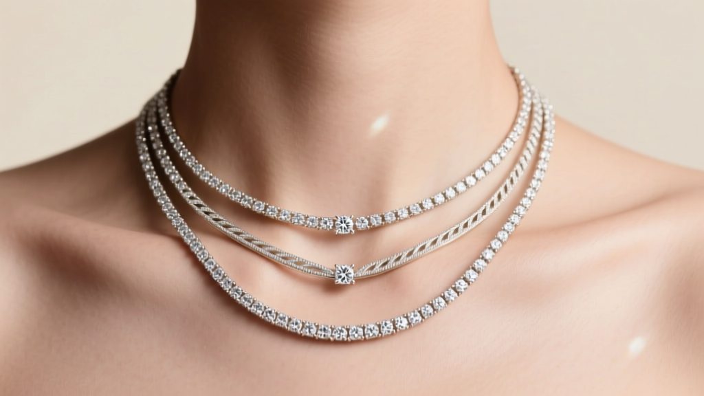 Close-up of collarbone featuring three layered delicate diamond tennis necklaces in white gold, catching soft studio lighting.