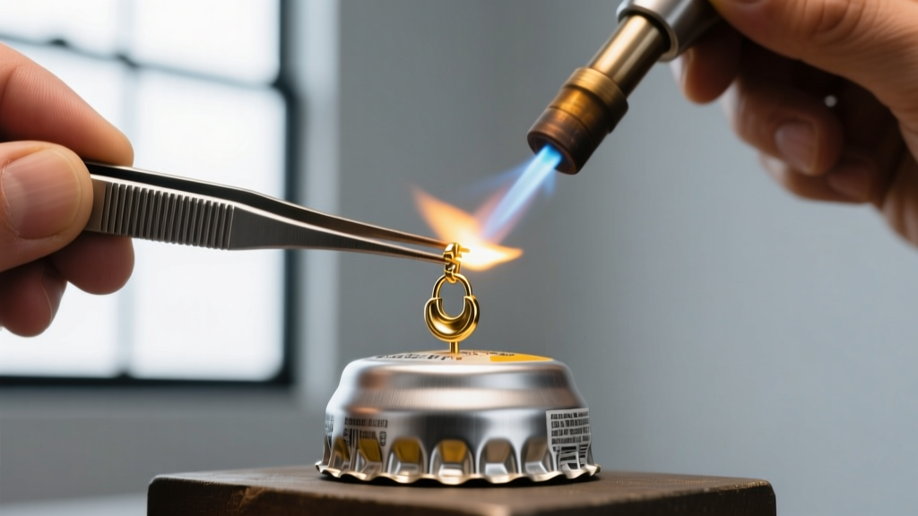 Jeweler using a micro-torch to silver-solder a titanium earring post to the back of a flattened aluminum craft beer cap.