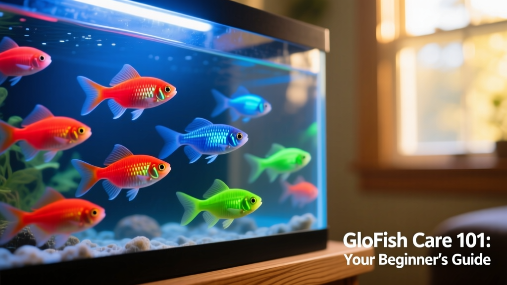 A vibrant community tank featuring multiple GloFish species swimming together under soft blue lighting