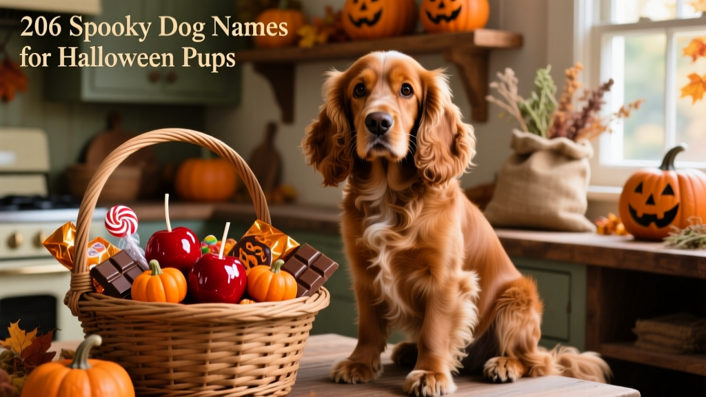 A caramel-colored cocker spaniel sitting beside a basket filled with candy apples, mini pumpkins, and chocolate bars