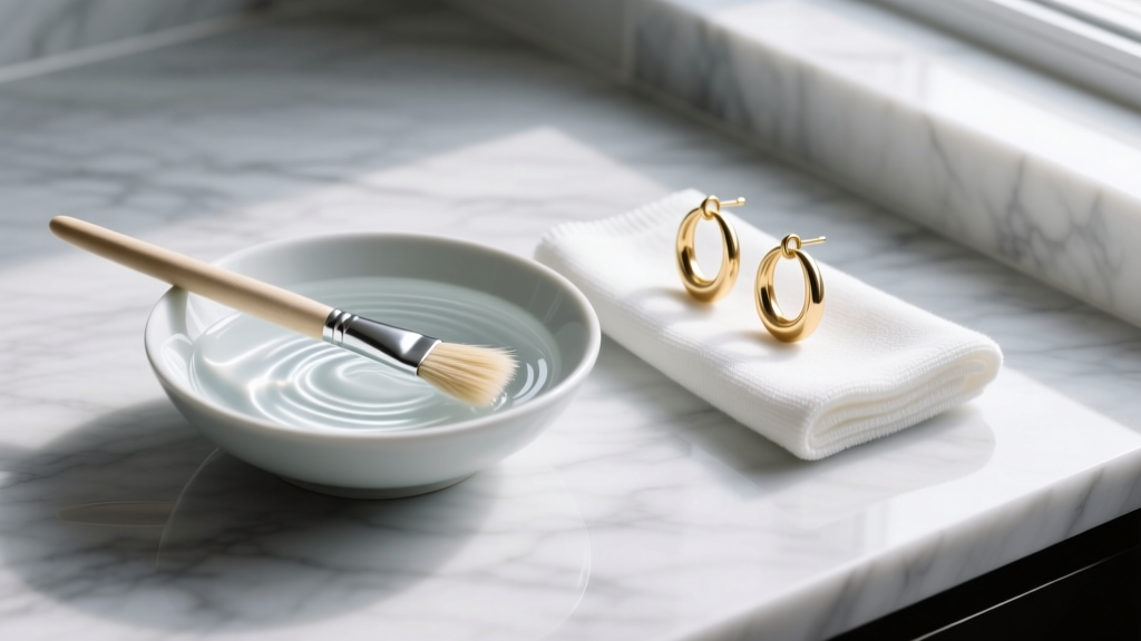 Bowl of soapy distilled water, soft brush, and lint-free cloth on marble counter beside gold-plated brass hoop earrings.