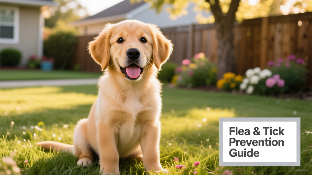 Close-up of a healthy, playful golden retriever puppy sitting on grass, looking alert and clean