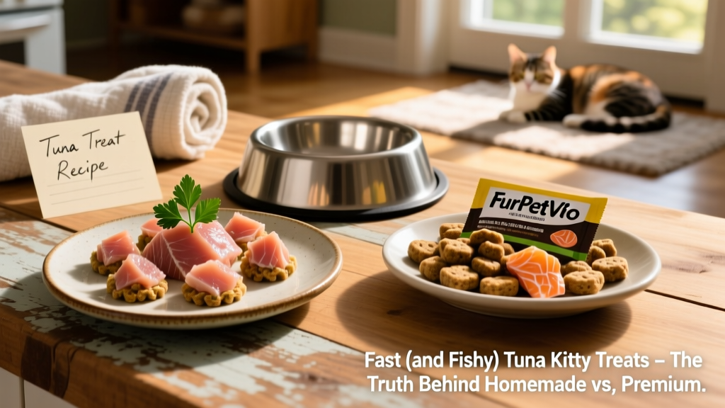 Side-by-side comparison of homemade tuna treats and FurPetVo premium cat treats on a wooden countertop