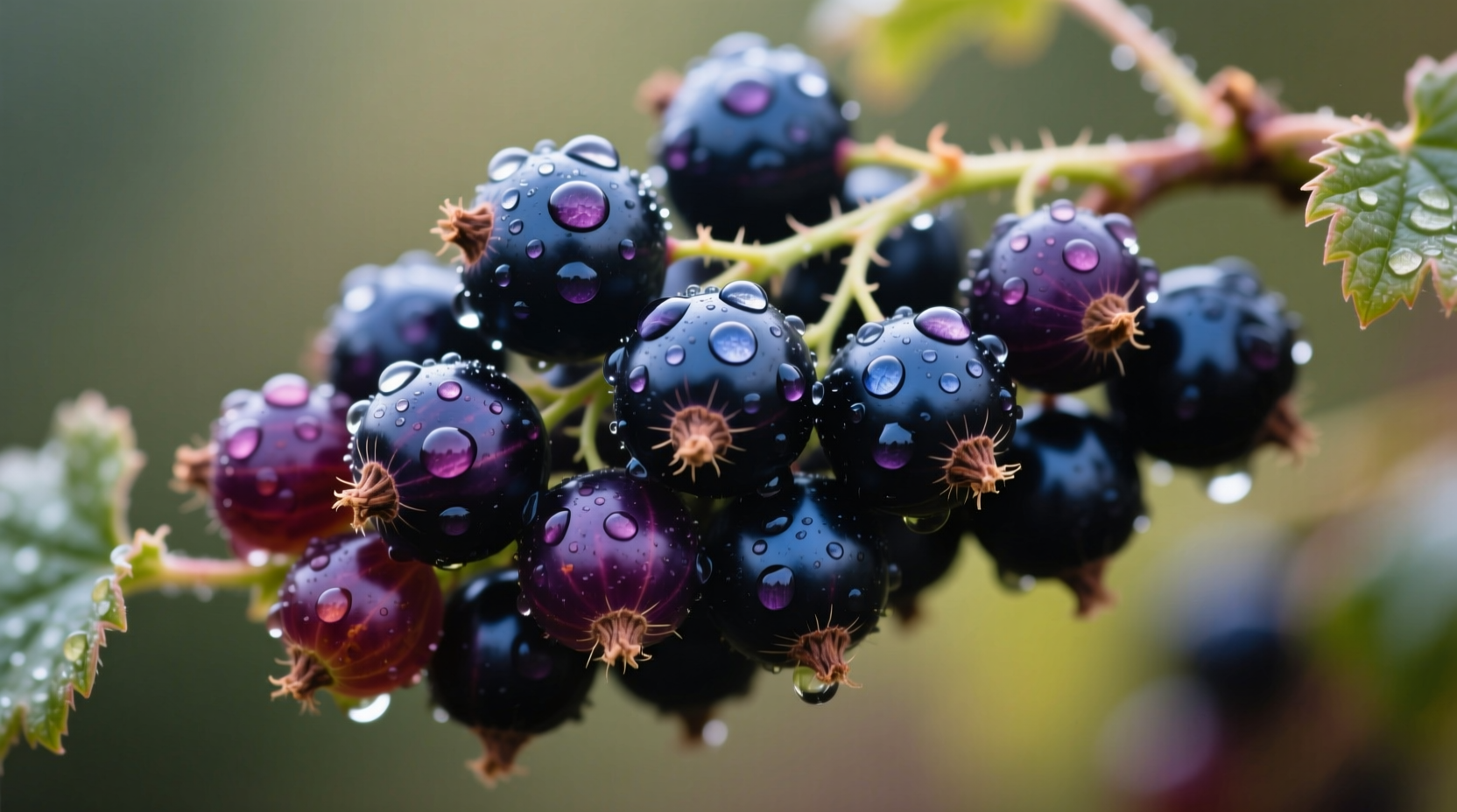 Fresh black currants on vine with dew