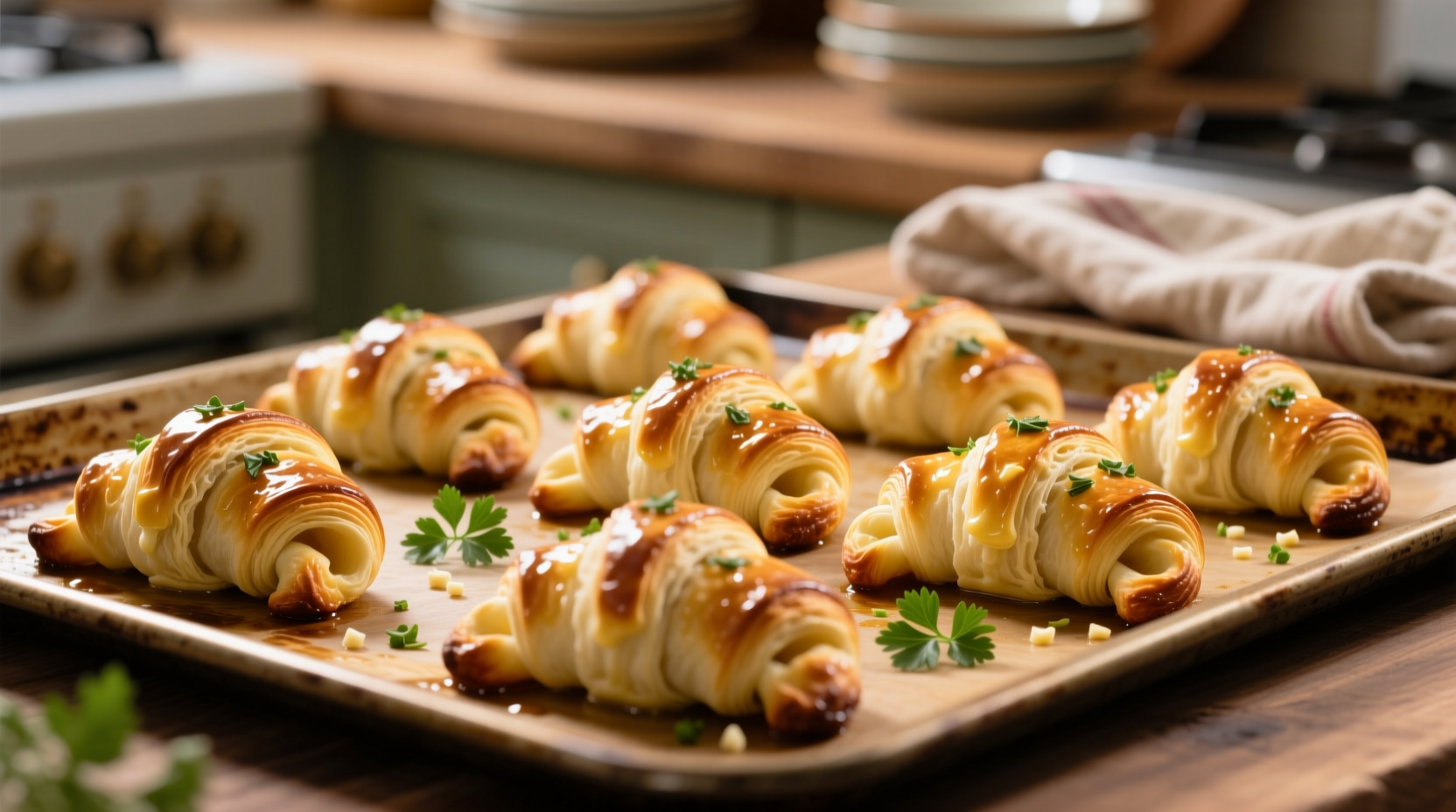 Golden garlic crescent rolls on baking sheet