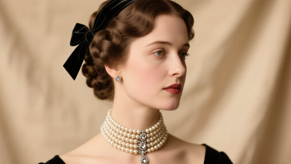 Elegant 1900s Viennese woman wearing a multi-strand pearl and diamond dog collar choker against a soft, warm studio backdrop