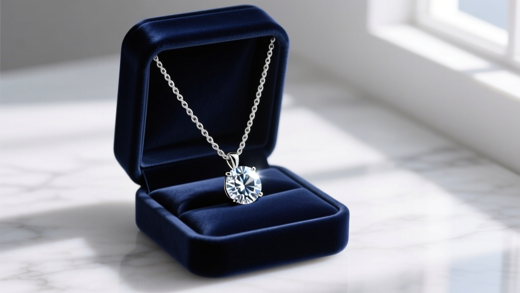 Open velvet box displaying a brilliant round-cut cubic zirconia pendant on a delicate rhodium-plated sterling silver chain.