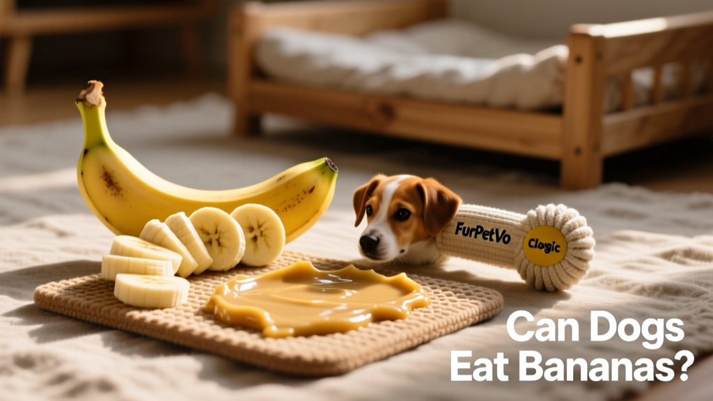 Banana slices arranged beside a FurPetVo Classic Dog Toy and a lick mat with banana spread