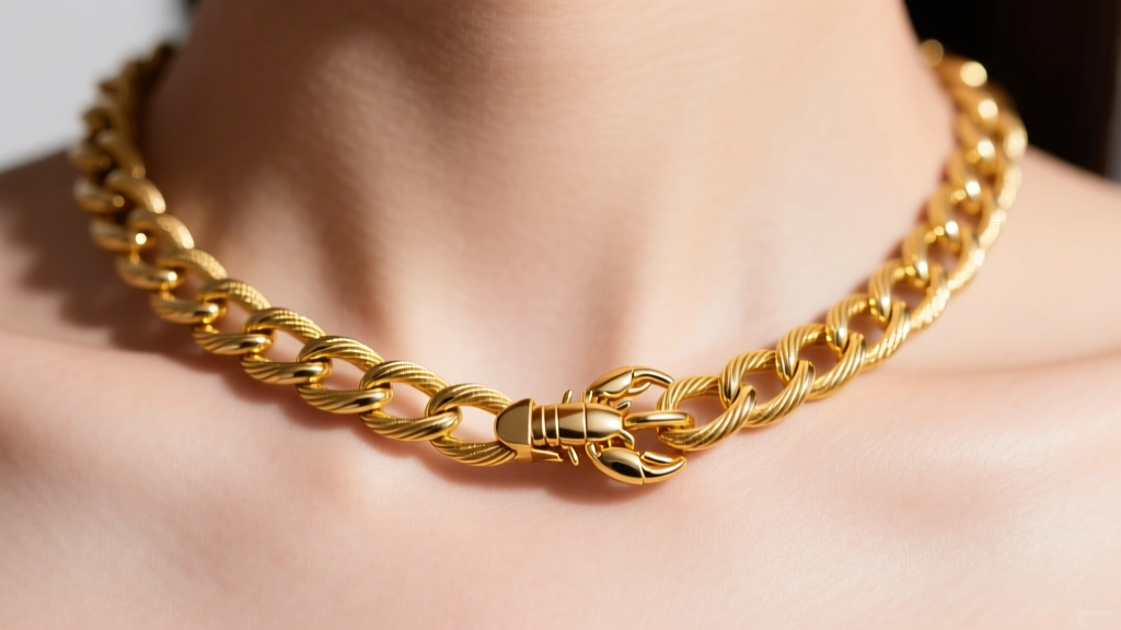 Macro shot of a 20-inch 14k yellow gold cable necklace resting on skin, highlighting polished links and a secure lobster clasp.