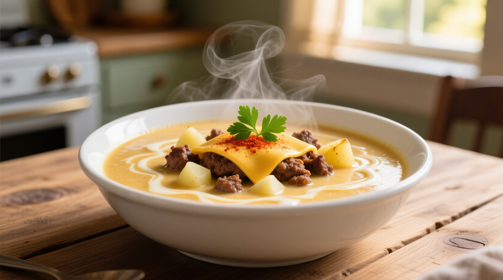 Creamy hamburger potato cheese soup in white bowl