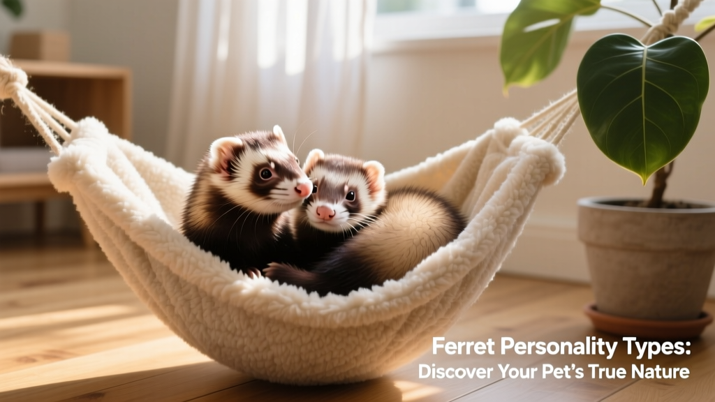 Two ferrets snuggled together on a FurPetVo fleece-lined hammock—one gently nuzzling the other's head