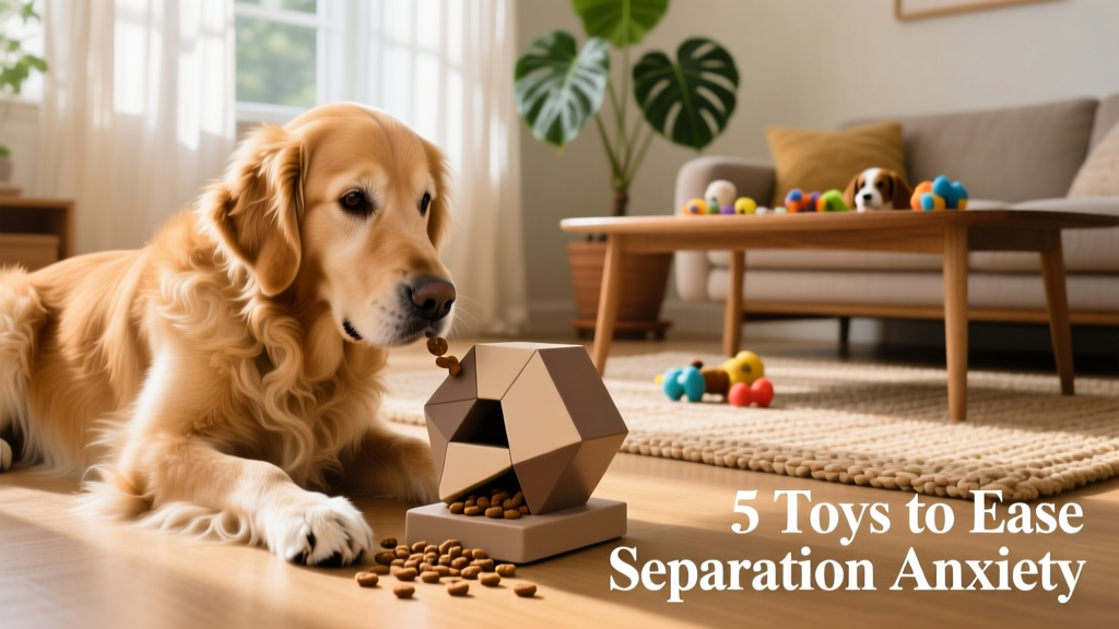 A dog calmly interacting with a treat-dispensing puzzle toy on a living room floor