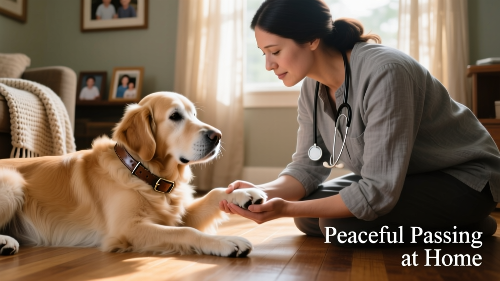 A compassionate veterinarian gently holding a calm senior dog’s paw during an in-home visit