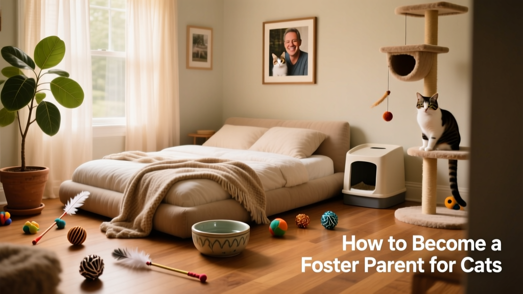 A cozy, cat-friendly room with a soft bed, water bowl, litter box, and toys set up in advance