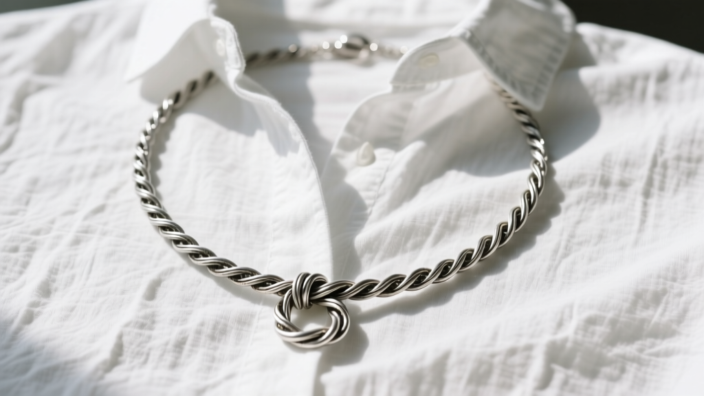 Flat lay of a 34-inch oxidized sterling silver lariat necklace knotted over a white linen shirt in bright natural daylight.