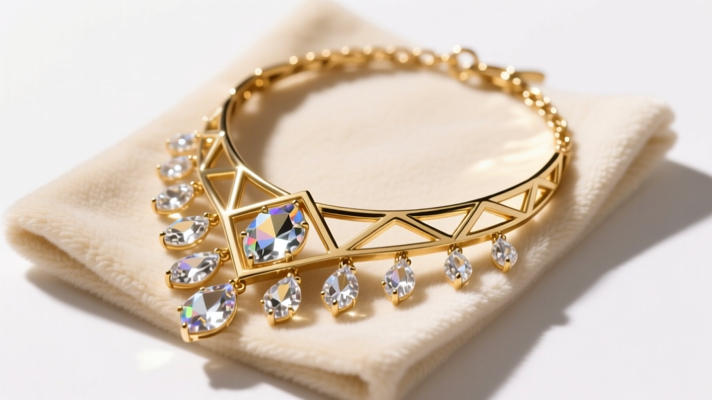 Close-up of a gold-plated brass Cabi statement necklace with glass crystals resting on a soft beige microfiber cleaning cloth.