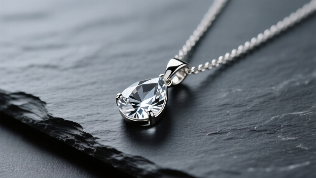 Sterling silver dew drop necklace with a clear quartz teardrop pendant resting on dark slate, illuminated by soft studio lighting