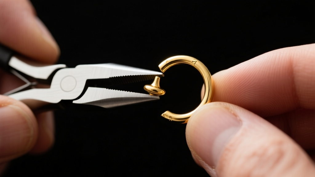 Close-up of hands using smooth tapered round nose pliers to gently reshape a warped 18k gold 8mm nostril hoop on a dark mat