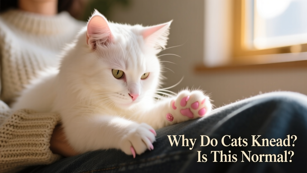 Cat gently kneading a human's lap while wearing soft pink claw caps