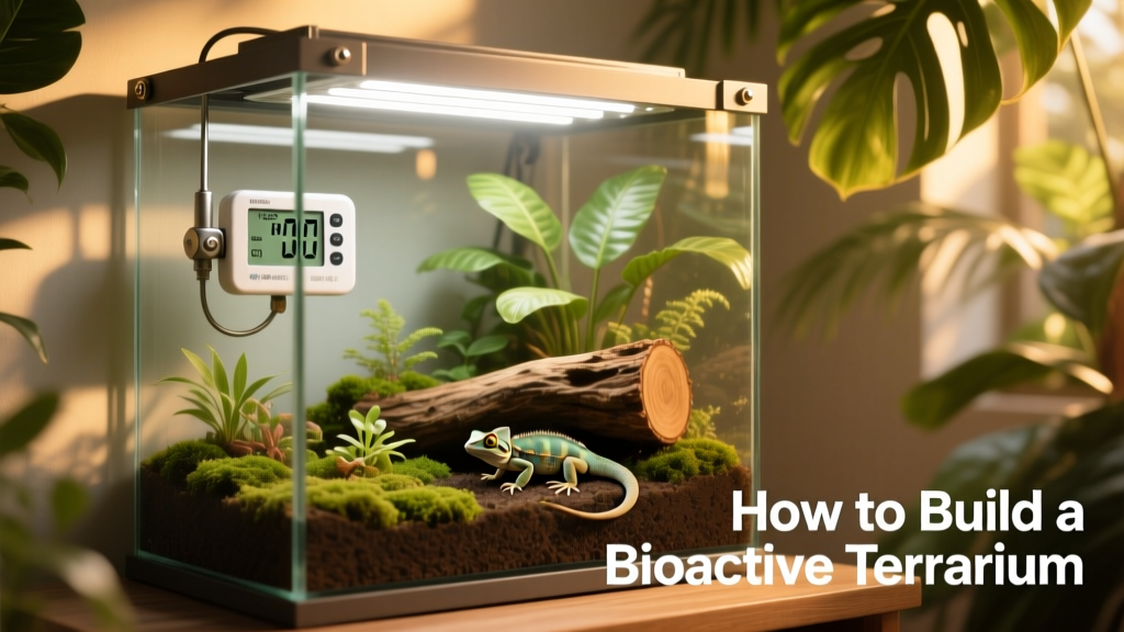 Digital thermometer and hygrometer mounted inside a terrarium alongside a full-spectrum LED grow light fixture
