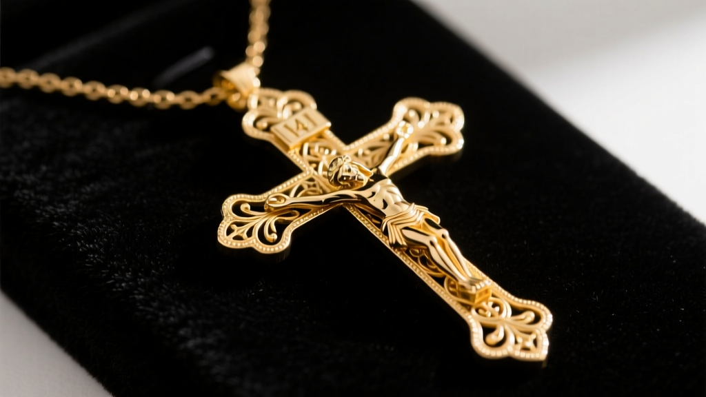 Close-up of an ornate 14k yellow gold crucifix necklace resting on dark velvet, highlighting the detailed corpus and soft lighting