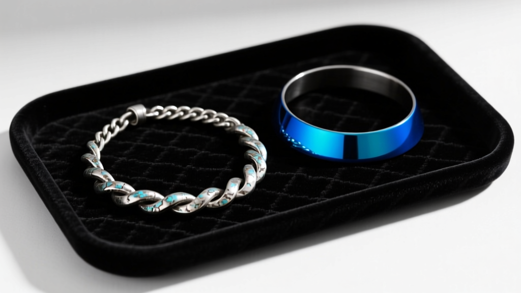 Flat lay of an oxidized silver lariat and an anodized blue titanium choker on a matte black velvet tray under soft studio lighting