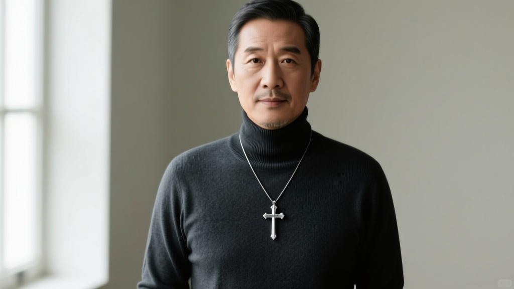 A man wearing a dark turtleneck sweater with a modest silver pectoral cross dropping exactly at the mid-chest sternum area.