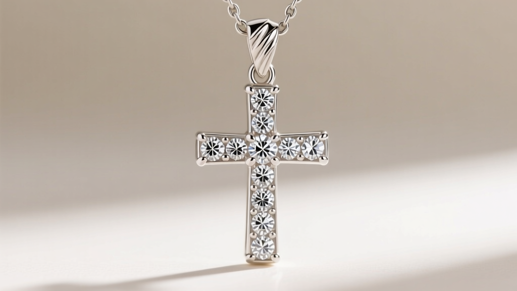 Macro photography of a jeweled cross pendant showing intricate bead-set pavé diamonds and a sturdy 14k white gold fluted bail.
