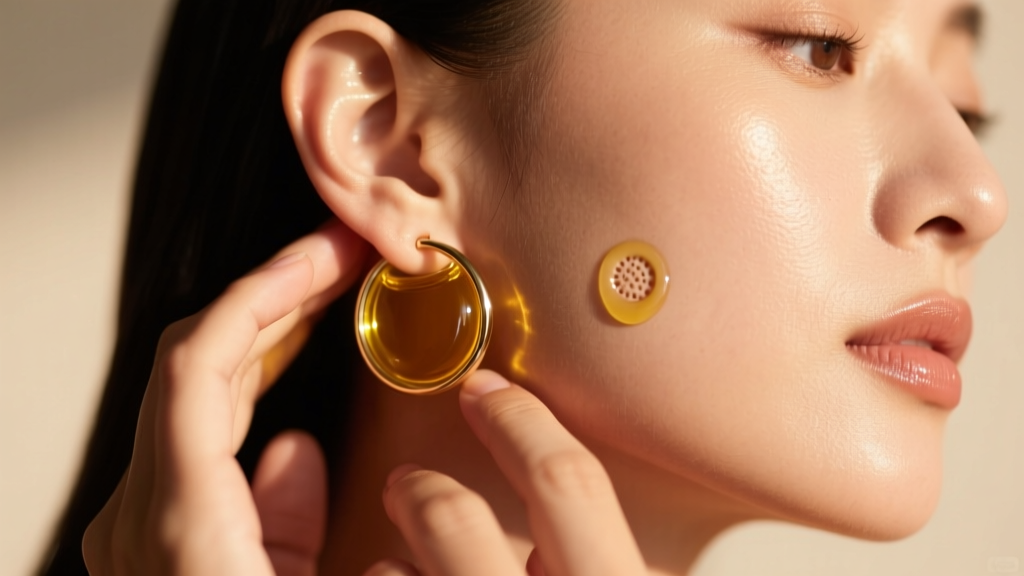 Hands massaging an earlobe with jojoba oil after removing big circle earrings, warm lighting, softly blurred neutral background