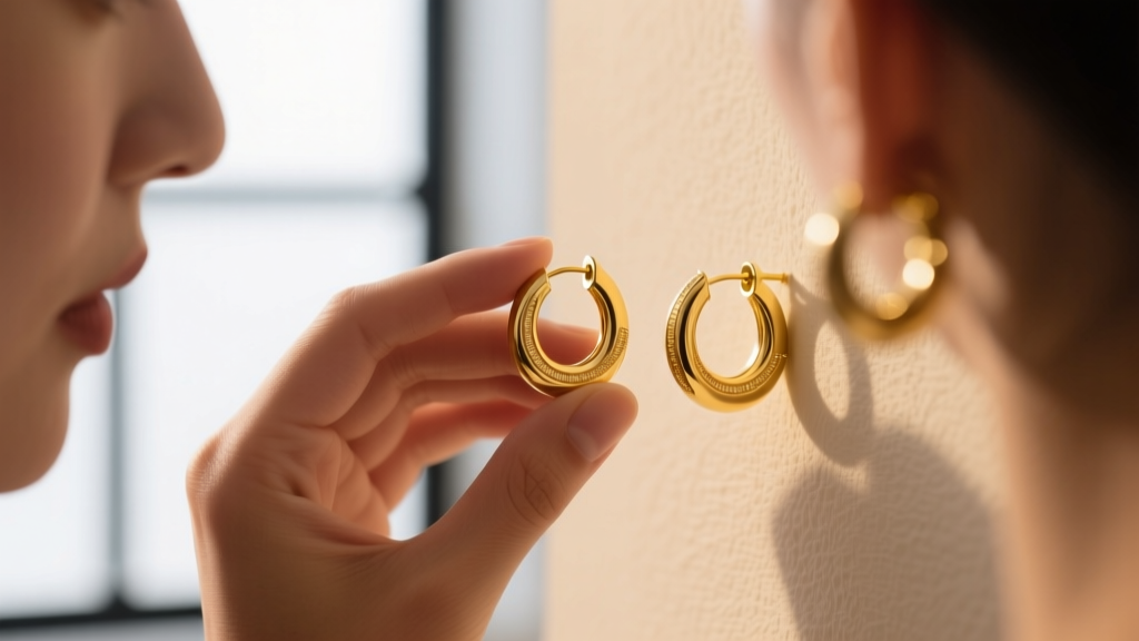 Close-up of a buyer examining 14-karat yellow gold huggie hoop earrings with a jeweler