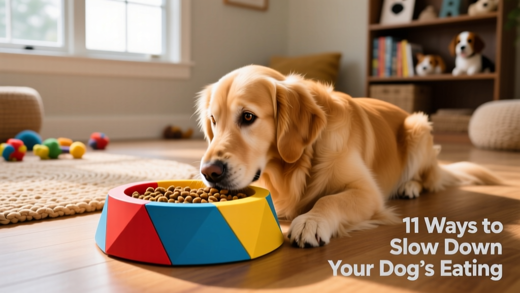 Dog interacting with a colorful puzzle feeder filled with kibble