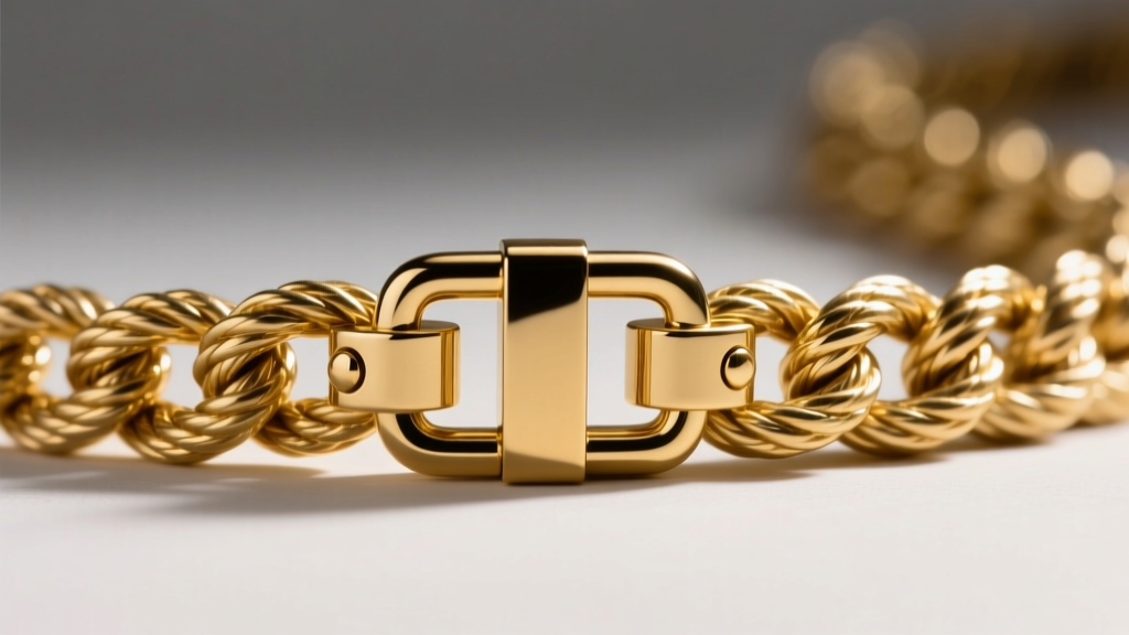 Macro shot of a heavy gold rope chain showing the intricate twisted link pattern and a secure box clasp with double safety latches