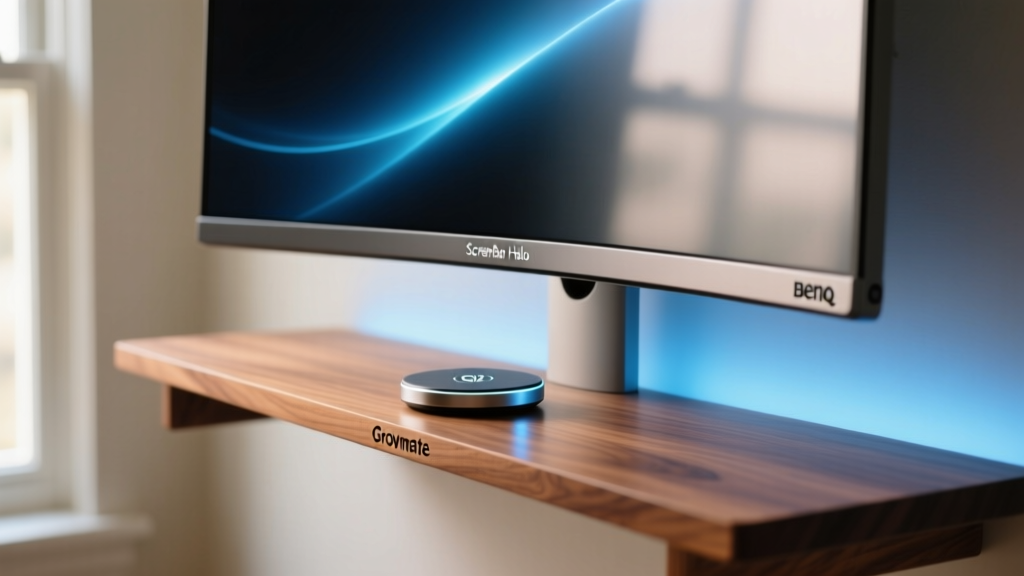 Curved ultrawide monitor illuminated by BenQ ScreenBar Halo on a walnut Grovemade desk shelf with Qi2 wireless charging puck