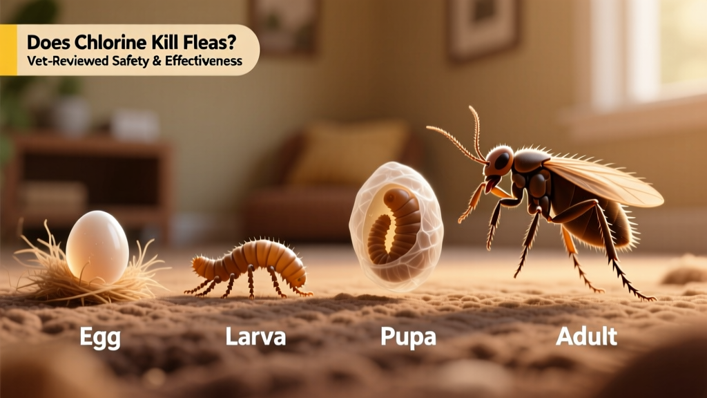 Illustration showing the four-stage flea life cycle: egg, larva, pupa, adult