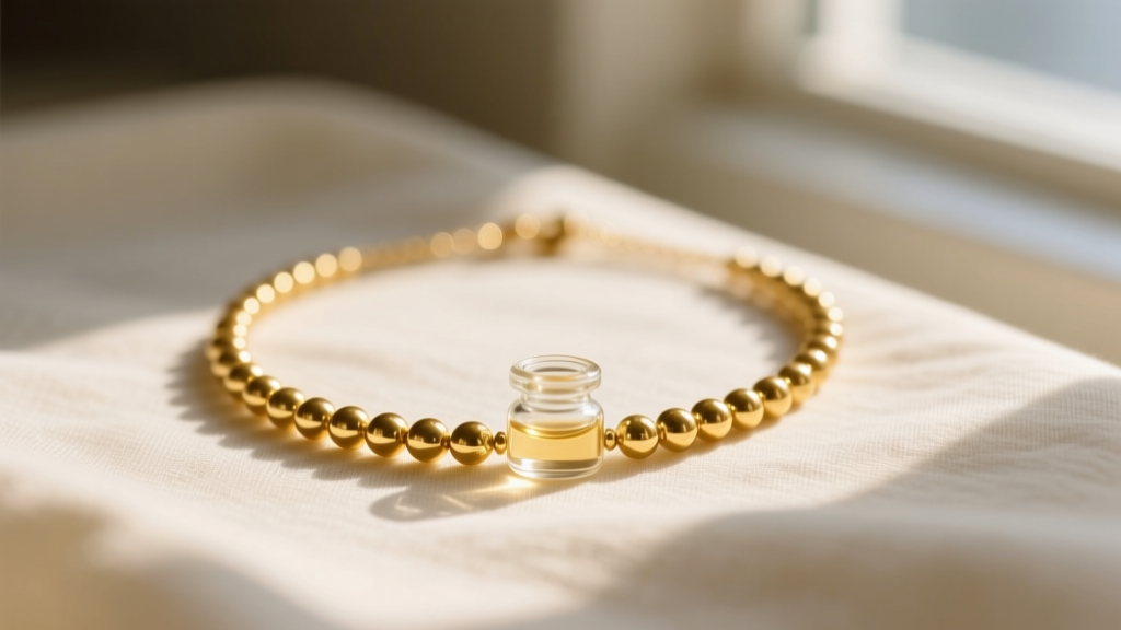 Close-up of a delicate gold mustard seed necklace resting on cream linen, with the tiny glass vial catching warm, soft sunlight.