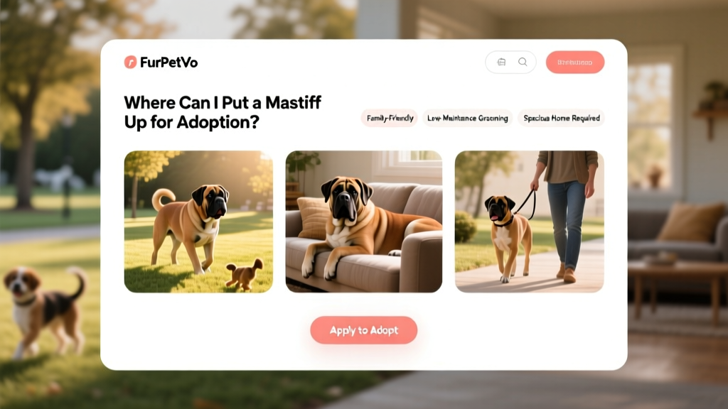 Screenshot-style image showing a clean, user-friendly FurPetVo profile page for a Mastiff, with photo gallery and 'Apply to Adopt' button