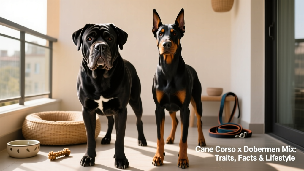 Side-by-side comparison showing physical similarities and differences between a Cane Corso and a Doberman Pinscher