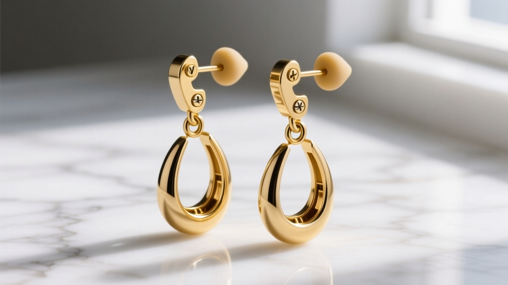 Close-up of gold drop earrings fitted with silicone clip-on converters, showing the tension screw mechanism against white marble.