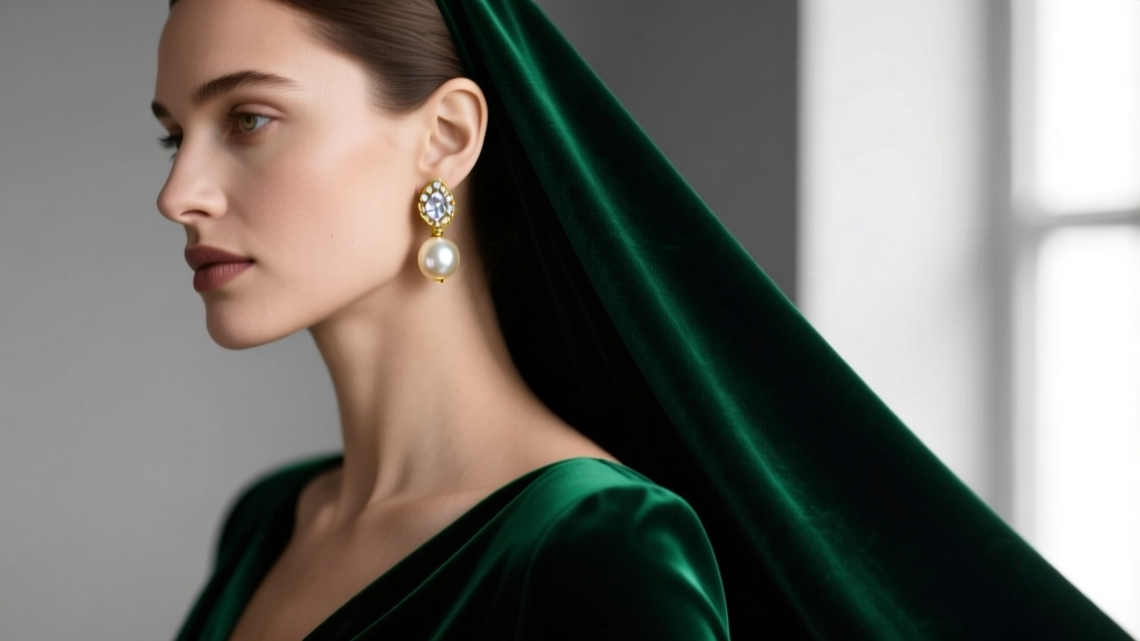 Close-up profile of a woman wearing gold Ralph Lauren pearl drop earrings with crystals against a dark emerald green evening gown