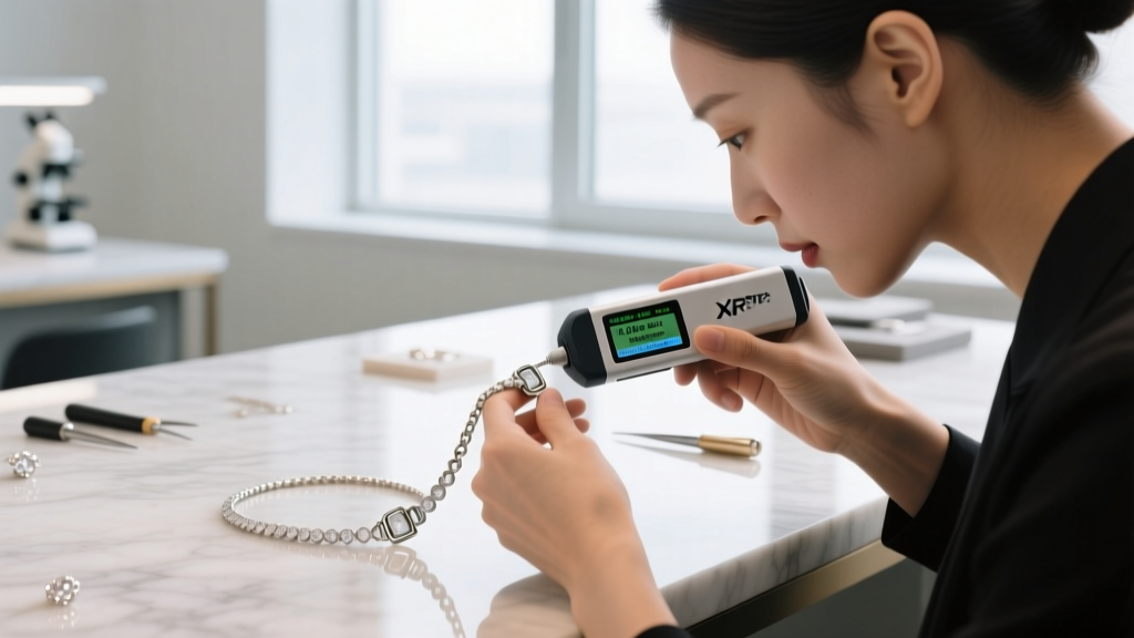 Jeweler testing nickel content in a white gold identity necklace clasp with an XRF analyzer to prevent allergic contact dermatitis.