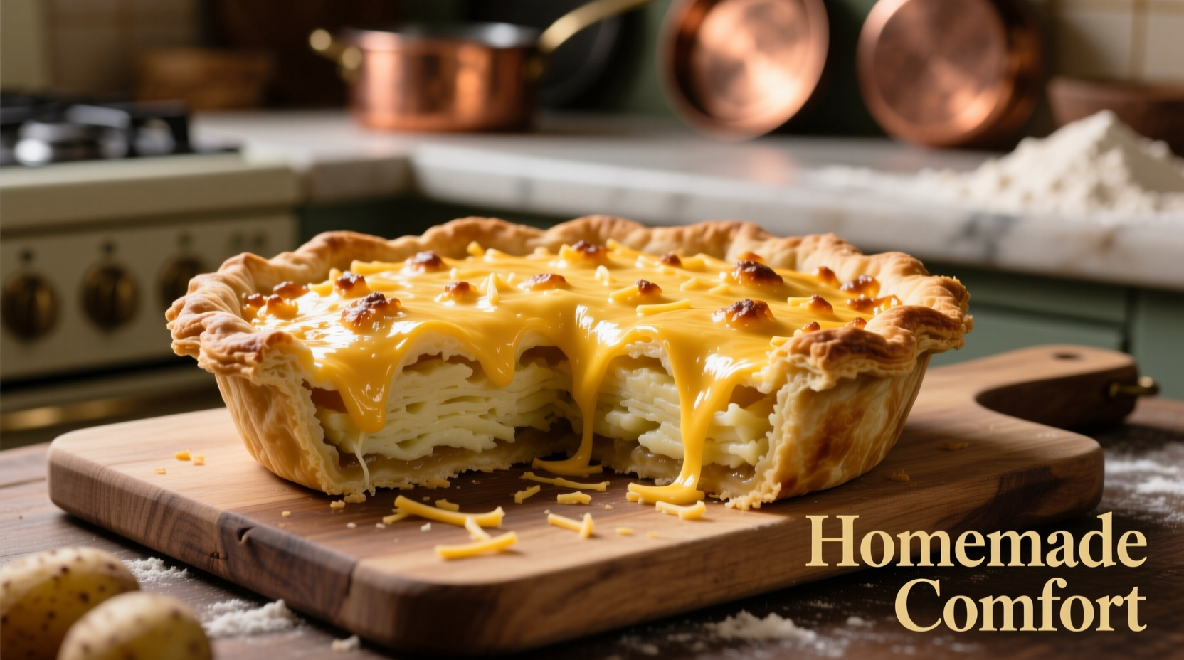 Golden potato pie with flaky crust and cheese topping