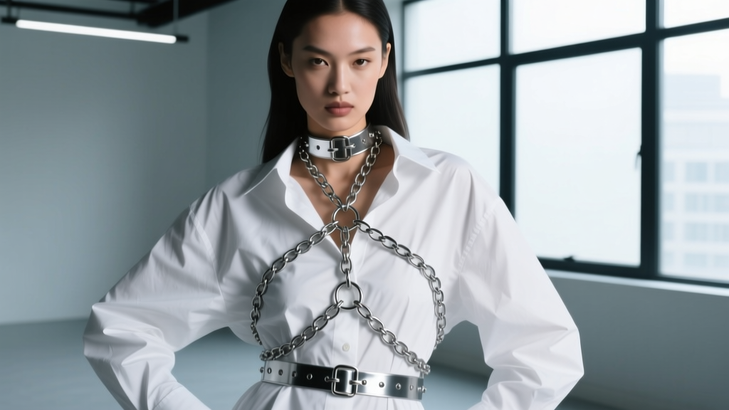 Editorial portrait of a model wearing a layered metal chain bondage harness over a crisp white oversized button-down shirt.